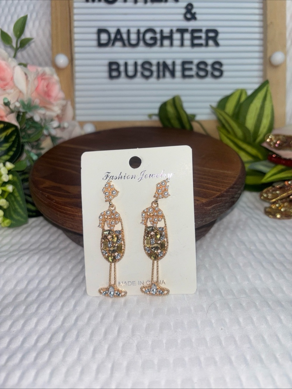 Gold Pearl & Crystal Champagne Glass Drop Earrings - Picture 2 of 3